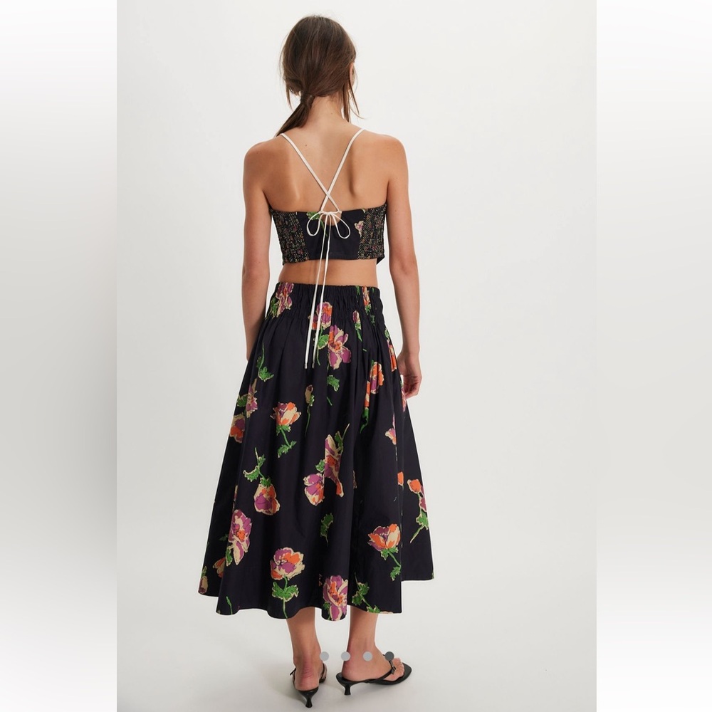 Free People Black Midi Skirt with Pink Orange Floral Print